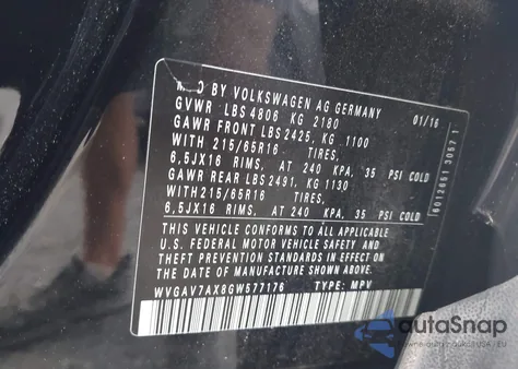 2016 Volkswagen Tiguan S z USA, uszkodzony, nr VIN WVGAV7AX8GW577176